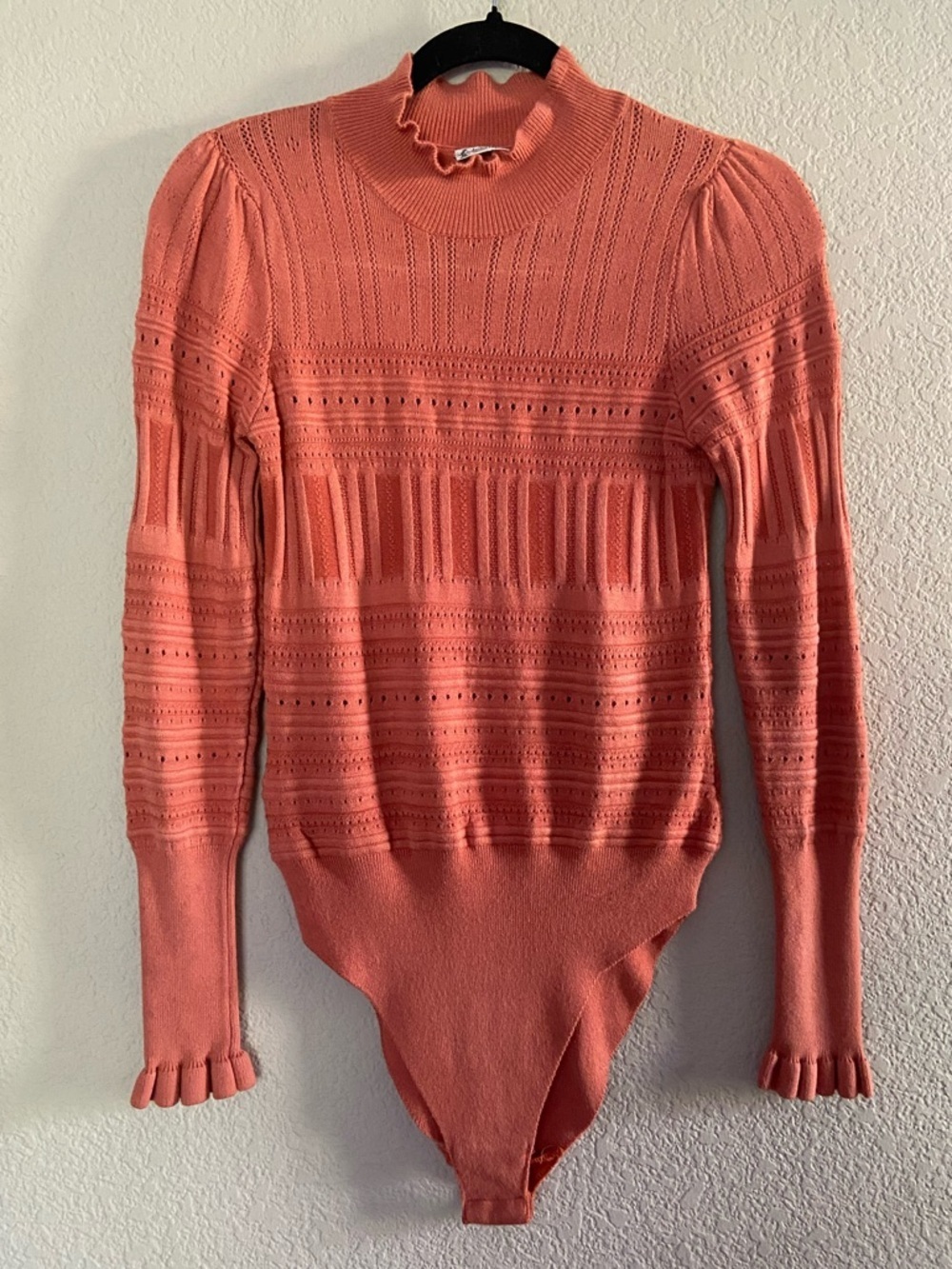 Free People Intimately Womens Coral Pointelle Me About It Mock Neck Bodysuit L